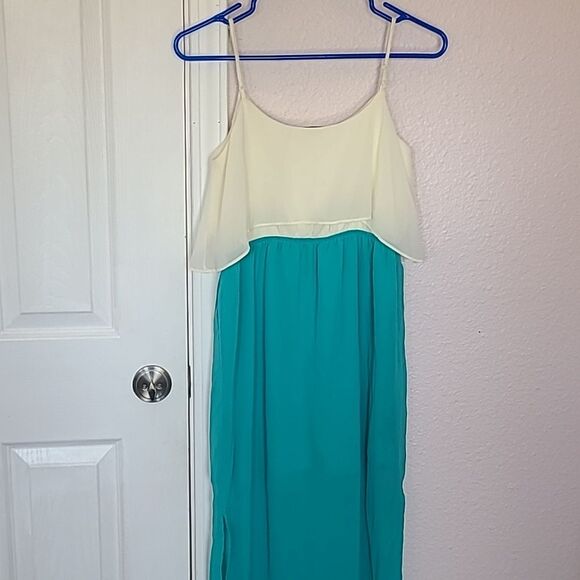 Freebird Maxi Turquoise Blue Cream Colorblock Dress Summer Size Small lined - Picture 5 of 5